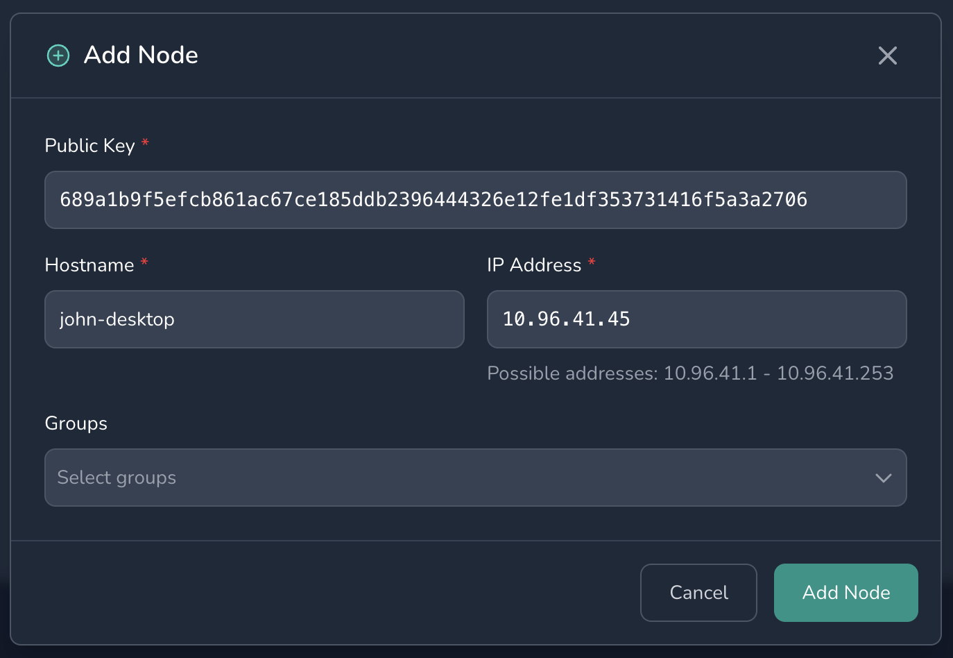 Dialog for adding a node to the network