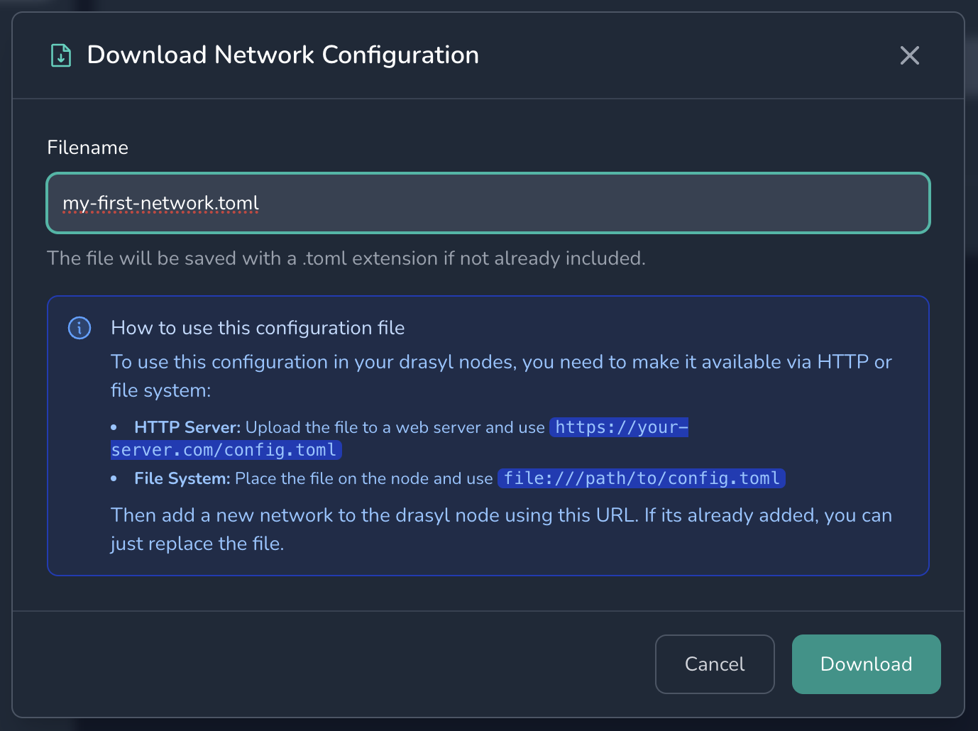 Download dialog for configuration file
