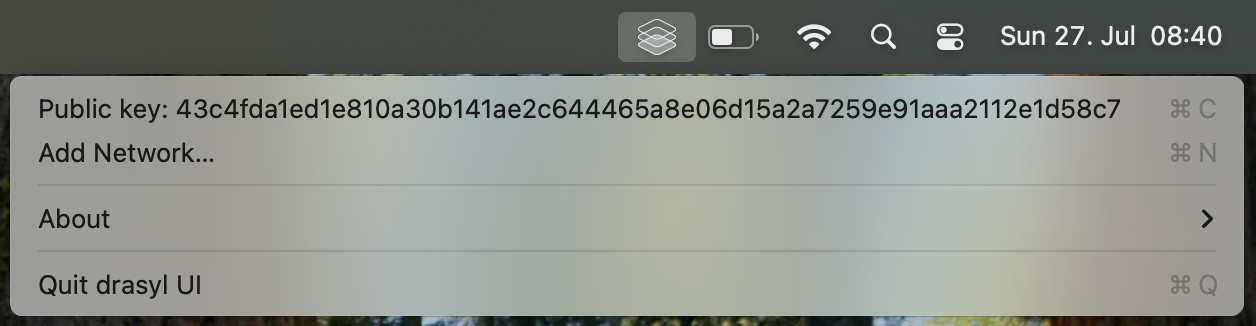 macOS menu bar showing the drasyl UI application