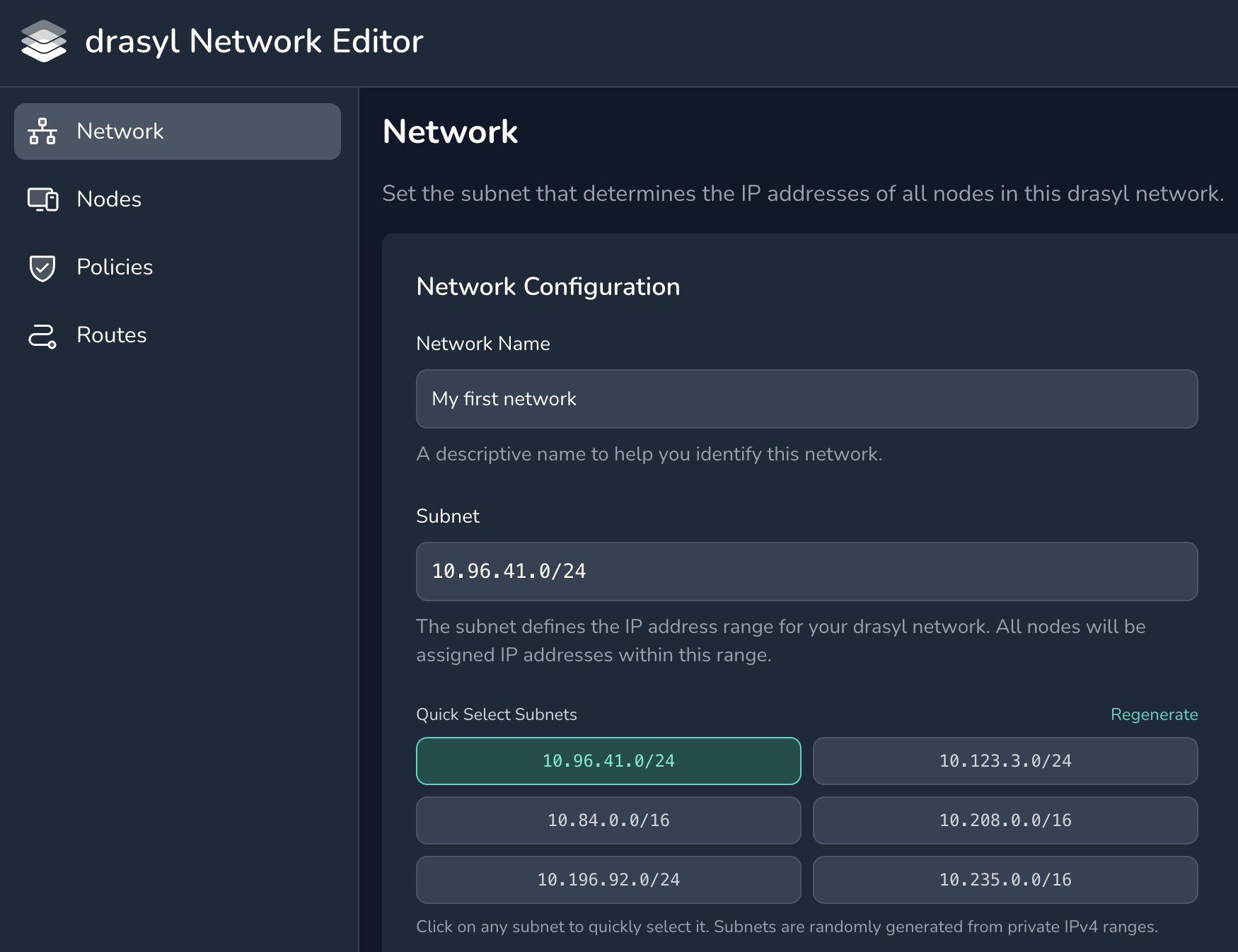 Network settings page showing basic configuration options