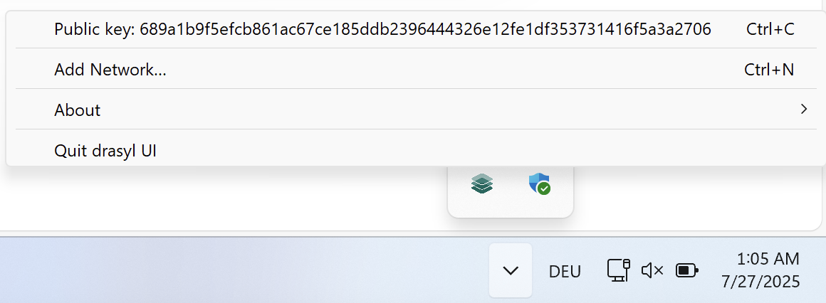 drasyl system tray application showing device public key